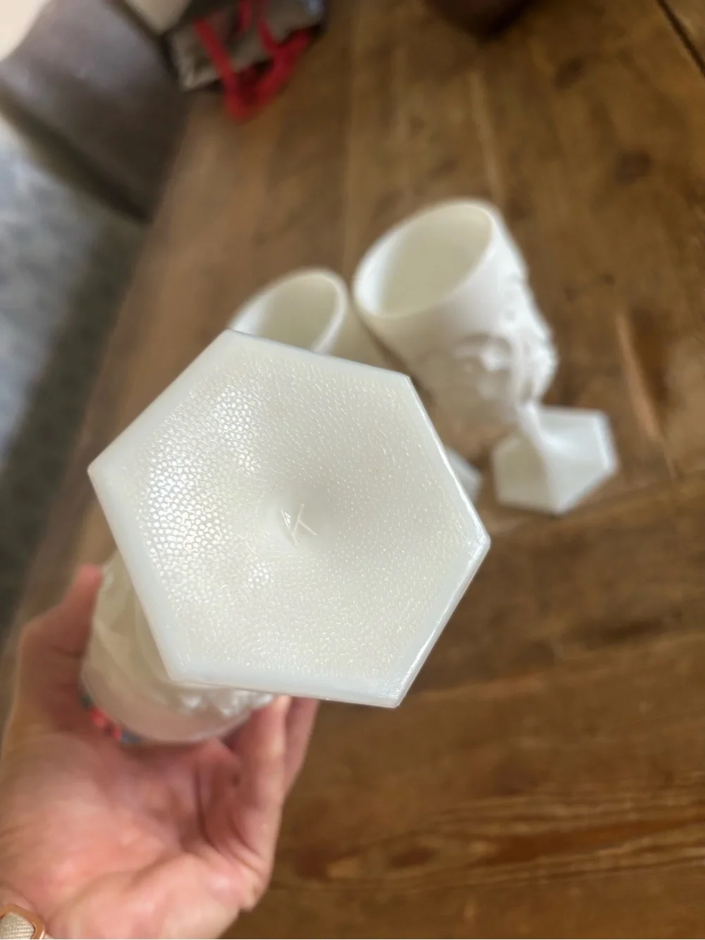 Rare Lot (3) MCM Westmoreland Milk Glass Goblets Hexagon Base